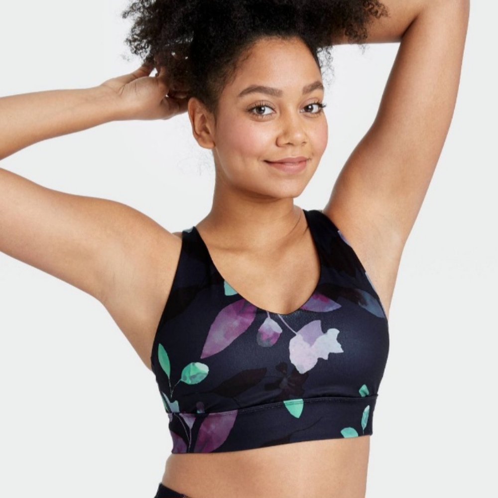 All in Motion Floral Sports Light Support Sports Bra - Black & Purple Print 2X